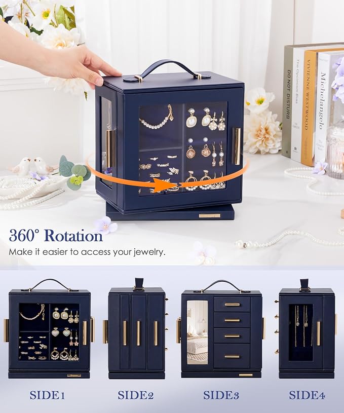 Homde Mothers Day Gifts Jewelry Box for Women Large: Rotating Organizer for Ring Earring Necklace Bracelet - 7 Drawers Storage for Dresser (Dark Blue) - Image 3