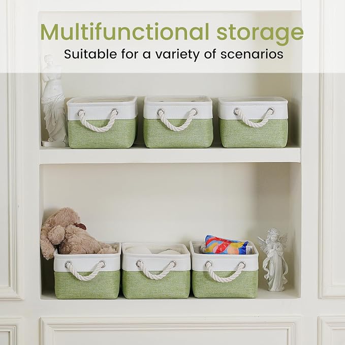 Storage Baskets for Shelves 11.8x7.9x5.2 Inch, Foldable Fabric Storage Bins with Handles, Small Storage Baskets for Organizing Closet, Office, Home Organization (6-Pack, White&Green) - Image 6