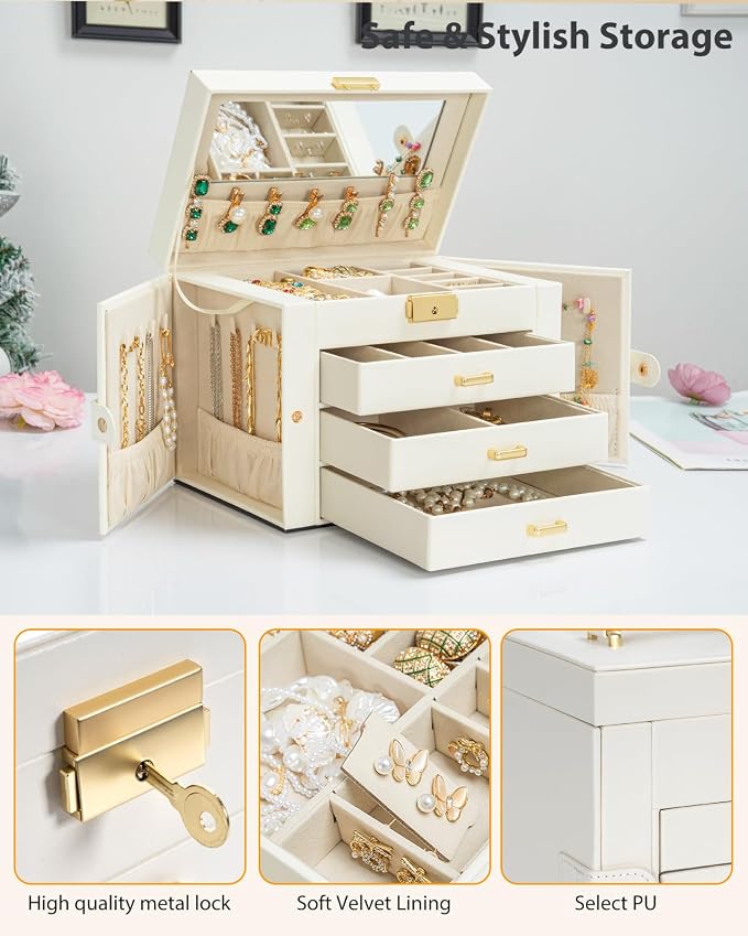 AKOZLIN Large 4-Tier Jewelry Box Leather Jewelry Storage Organizer with 3 Drawers Lockable for Women Girls Ring Necklace Earring Bracelet Watches Holder with Mirror White - Image 6