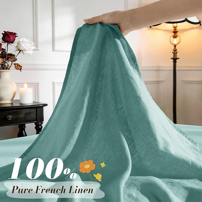 SONORO KATE 100% French Pure Linen Sheets, Breathable and Durable Linen King Size Sheets, Anti-Tear Linen Bed Sheets, Machine Washable, 16 Inch Deep Pocket - 4 Piece (Aqua, King)