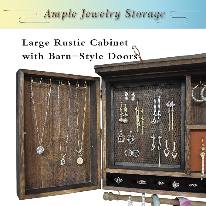 Rustic Wall Mounted Jewelry Organizer,Vintage Wooden Hanging Jewelry Holder Box with Barndoor Decor for Necklaces, Earings, Bracelets, Rings, Accessories. Includes Hook Organizer - Image 2