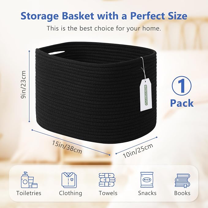 ECDYQXVU Cotton Rope Storage Basket, 15x10x9 Inches, Woven Basket for Shelves, Clothes, Towels, Books, and Laundry, Black (1 Pack) - Image 3