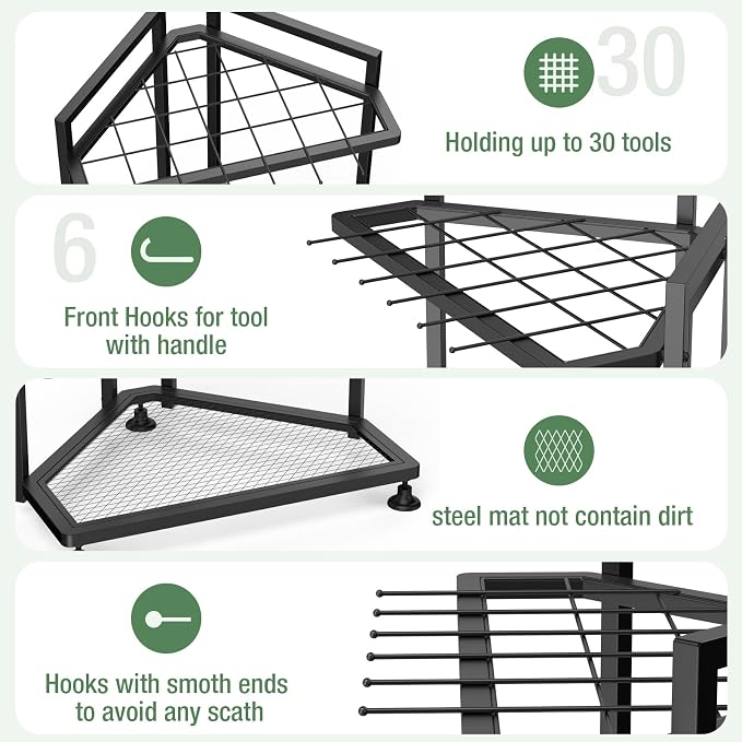 Garden Tool Organizer for Corner,Metal Yard Tool Organizer for Long-Handled Tools/Rakes/Brooms,Side Garden Pocket,Heavy Duty Steel Yard Tool Storage Rack for Garage,Shed, Outdoor - Image 3