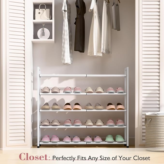 Bumusty 5-Tier Expandable Shoe Rack for Closet, 18“-33” Adjustable Shoe Rack for Small Space, Small Shoe Organizer for Front Door, Sturdy Metal (White) - Image 2