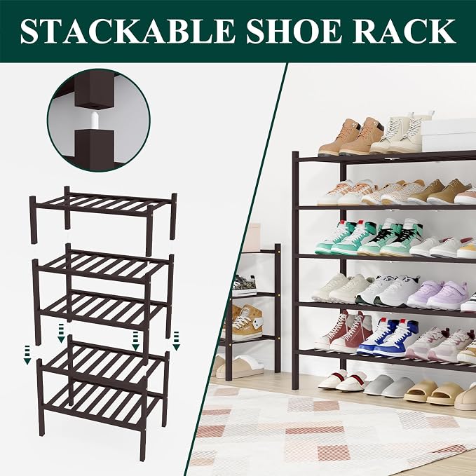 Smiry Shoe Rack, 3 Tier Long Bamboo Shoe Organizer, Stackable Free Standing Wooden Shoe Storage Shelf for Closet, Entryway, Front Door Entrance, Brown - Image 4
