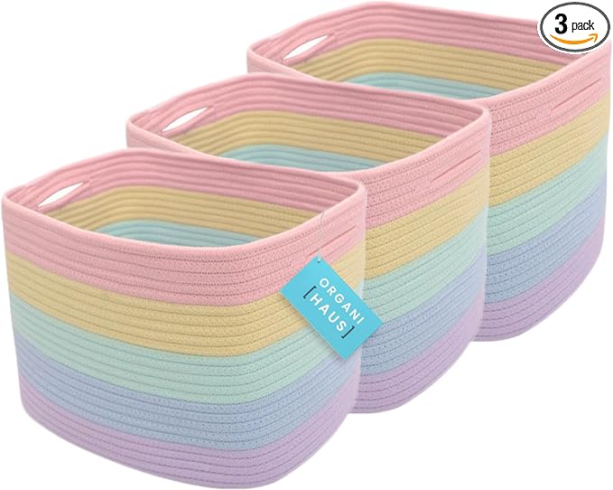 OrganiHaus Set of 3 Pastel Rainbow Baskets - Colorful Woven Storage Baskets for Playroom, Nursery & Classroom Decor, Toy Storage, 15x9x10 by OrganiHaus