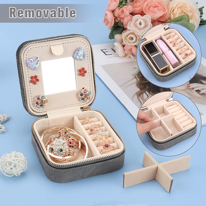 DesignSter Travel Jewelry Box - Velvet Mini Jewelry Organizer, Small Jewelry Case for Girls Women, Jewelry Storage Box for Rings Earrings Necklace (Square, Cool Gray) - Image 3