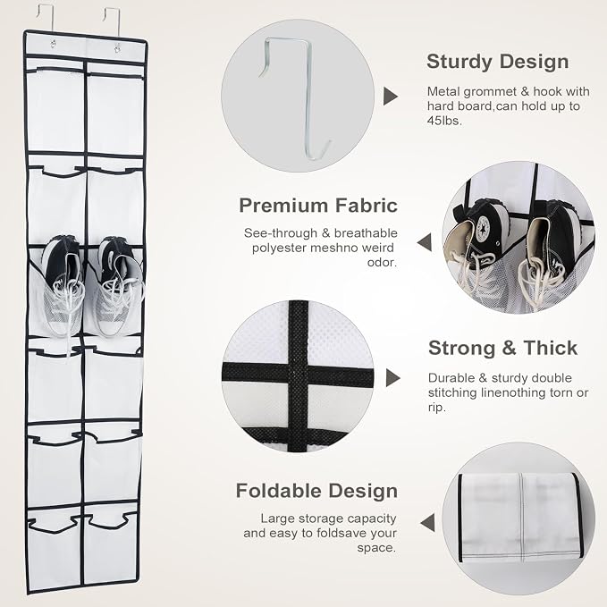 GOMAJI 12 Large Pockets Over Door Hanging Shoe Organizer, White - Image 5