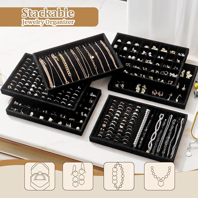 Large Velvet Jewelry Tray 2 Pack Stackable Jewelry Display Drawer Inserts Trays Organizer for Earring Bracelet Necklace Ring (Black, 40 Grids) - Image 7