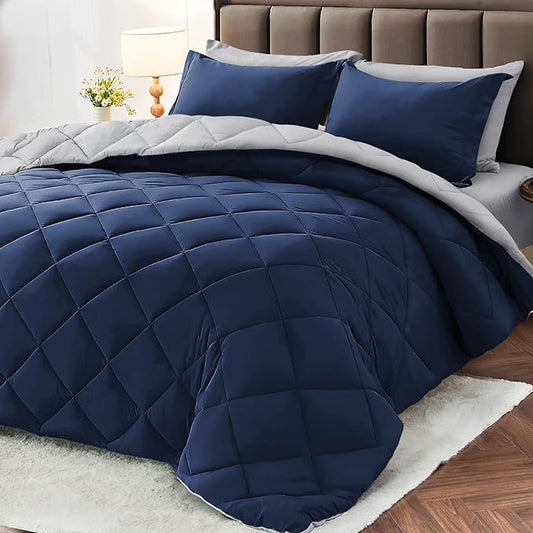 MUXHOMO 7 Pieces Oversized Queen Comforter Set, Reversible Bed in a Bag Oversized Queen Size, All Season Bedding Set with Comforter, Flat Sheet, Fitted Sheet, Pillowcases & Shams, Navy & Light Grey