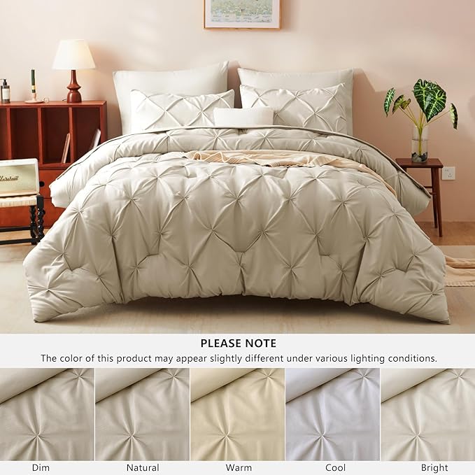CozyLux California King Comforter Set Oatmeal - 7 Pieces Cal King Pintuck Bed in A Bag Gift for Family, Pinch Pleat Bedding Sets with All Season Comforter, Sheets, Pillowcases & Shams