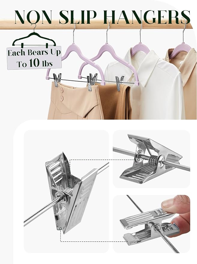 Cozymood Velvet Skirt Hangers 24 Pack, Purple Hangers with Clips Ultra Thin Non Slip Pants Hanger Space Saving Clothes Hanger with Clips for Pants, Skirts, Jeans, Shorts - Image 6