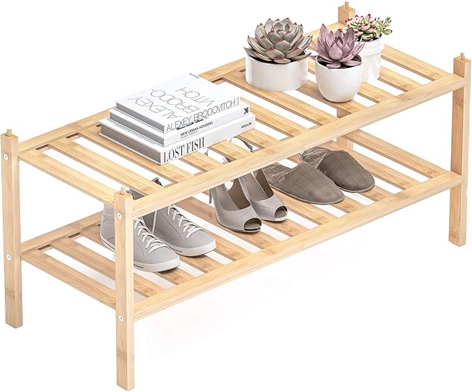 Dranixly Shoe Rack, 2-Tier Bamboo Stackable Shelf Storage Organizer, Stand for Closet, Entryway, Hallway, Bathroom and Living Room（Natural） by Dranixly