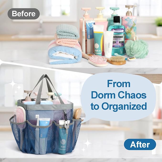 F-color Mesh Shower Caddy Portable - Navy Blue, Upgrade Deeper 7 Pockets Shower Bag Basket Tote for College Dorm Room Toiletry Bathroom Essentials Gym Camp Quick Dry 2 handles with S Hook - Image 8
