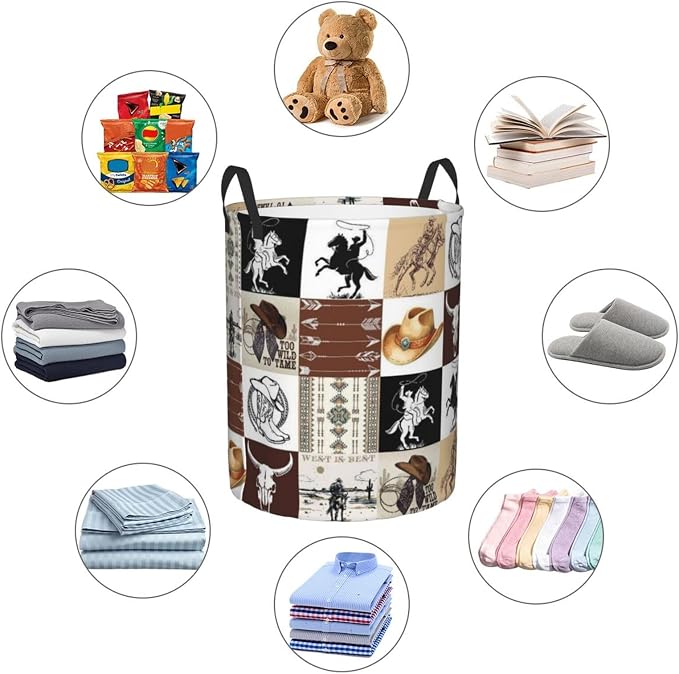 Laundry Basket Room Decor,Round Laundry Hamper Waterproof Dirty Clothes Hamper Collapsible Laundry Baskets With Handles,Toy/Clothes Storage Basket For Home Dorm Bathroom Decor (Western) - Image 5
