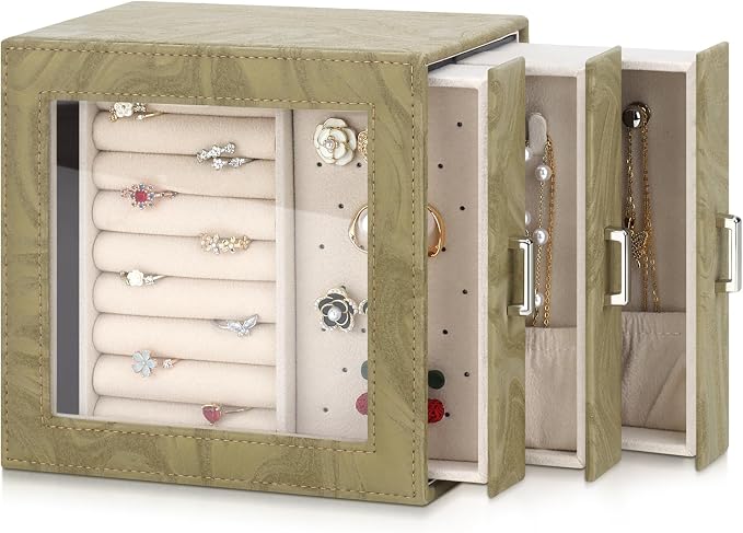 DesignSter Jewelry Box Organizer, Jewelry Box for Women, PU Jewelry Organizer Display Case with Side Drawers, Jewelry Storage for Earring Necklace Ring Bracelet Watch by DesignSter