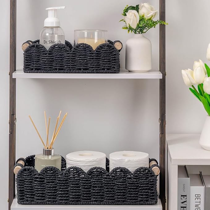 CubesLand Toilet Paper Storage Basket Scalloped Edge Home Decor Basket, Living Room Cozy Decor, Paper Rope Small Baskets for Over Toilet Storage Shelf, End Table, Shelves, with 2 Wooden Handles, Black - Image 7