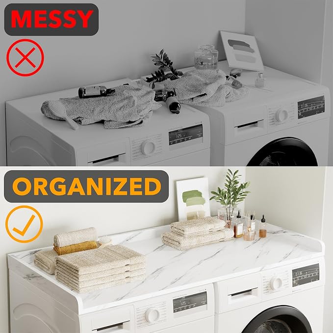SpaceAid Washer Dryer Countertop, Laundry Wood Shelf Topper with Edge, 54" Width x 27.5" Depth Cover Guard Organizer for Washer and Dryer Laundry Hamper Counter Storage Organization (White Marble) - Image 4