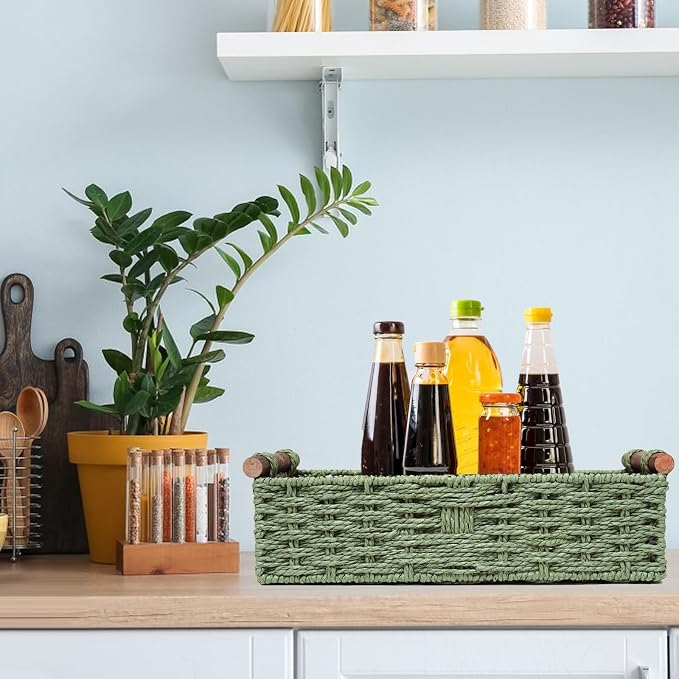 Round Paper Rope Storage Basket Wicker Baskets for Organizing with Handle Decorative Storage Bins for Countertop Toilet Paper Basket for Toilet Tank Top Small Baskets , Green - Image 6