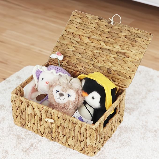 Set of 2 Wicker Baskets with Lid, Small Woven Wicker Storage Bins, Natural Water Hyacinth Basket Multipurpose Decorative Storage Boxes for Shelf Organizer (11.2" x 7.8" x 5.1" + 10" x 6.1" x 3.8") - Image 8