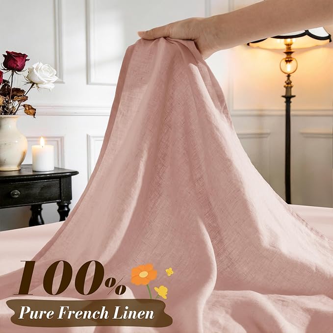 SONORO KATE 100% French Pure Linen Sheets, Breathable and Durable Linen Queen Size Sheets, Anti-Tear Linen Bed Sheets, Machine Washable, 16 Inch Deep Pocket - 4 Piece (Pink)