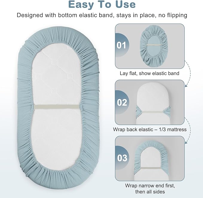 Basumee Muslin Bassinet Sheets for Baby Girl Boy 2 Pack Soft Breathable Baby Bedside Bassinet Fitted Sheets with Bottom Elastic Band Mattress Cover for Rectangle Oval Hourglass Bassinets