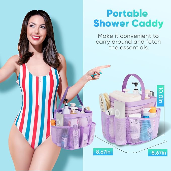 EUDELE Mesh Shower Caddy Portable for College Dorm Room Essentials,Portable Shower Caddy Dorm with 8-Pocket Large Capacity, Shower Bag for Beach, Swimming, Gym, Travel essentials, Purple - Image 4