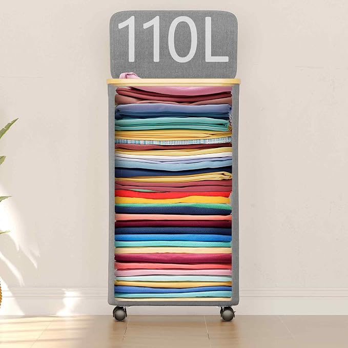 SUOCO Laundry Hamper on Wheels 100L, Clothes Basket with Lid and Bamboo Handles, Foldable Laundry Hamper for Bedroom, Bathroom, Dorm, Laundry Room - Grey - Image 4