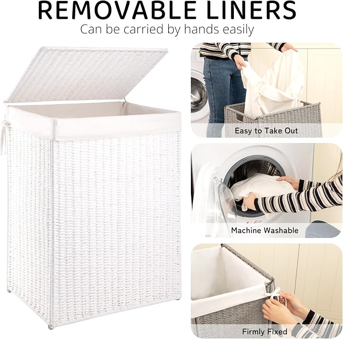 OIAHOMY Laundry Hamper with Lid, 90L(23.8 Gal) Large Wicker Laundry Basket for Bedroom, Handwoven Paper Rope Clothes Hamper with Washable Liner & Metal Frame, Decorative Organizer for Bathroom White - Image 3