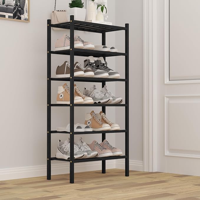 ROMGUAR CRAFT 6-Tier Bamboo Small Shoe Rack, Free Standing Wood Shoe Shelf Storage Organizer for Closet Entryway Stackable (Black) - Image 2