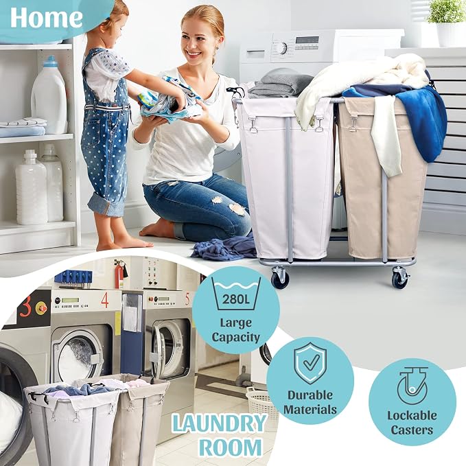 PLKOW Laundry Cart with Wheels 280L Large Laundry Sorter 2 Section for Commercial/Home, Rolling Laundry Cart with Steel Frame and Removable Bag, 8 Bushel, 32.3L x 19.7W x 31.5H Inch - Image 4