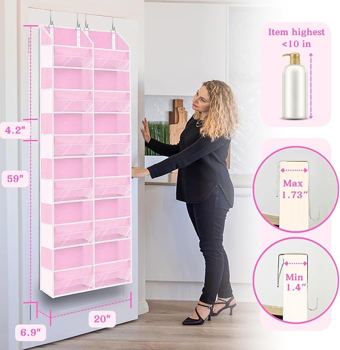 Over The Door Organizer 6 Tiers, Extra Large Behind Door Storage of 12 Compartments, 80 lbs Weight Capacity Hanging Storage Organizer with Clear Window Kids Toys,Shoes,Diapers,Room Storage,Pink - Image 3