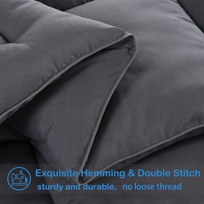 EASELAND Queen Size Down Alternative Comforter - Quilted Duvet Insert for All Seasons, Soft Lightweight with Corner Tabs, Summer Winter Warm Bedding, Dark Grey 88×88 Inches