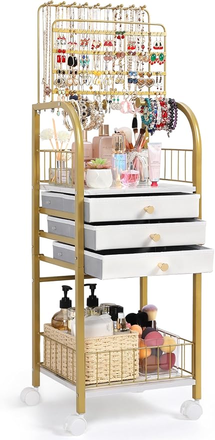 Keebofly Large Jewelry Organizer Stand with 3 Box Drawer - Necklace Organizer Earring Storage Armoire Holder with Display for Earring Necklace Ring Bracelet Gold by Keebofly