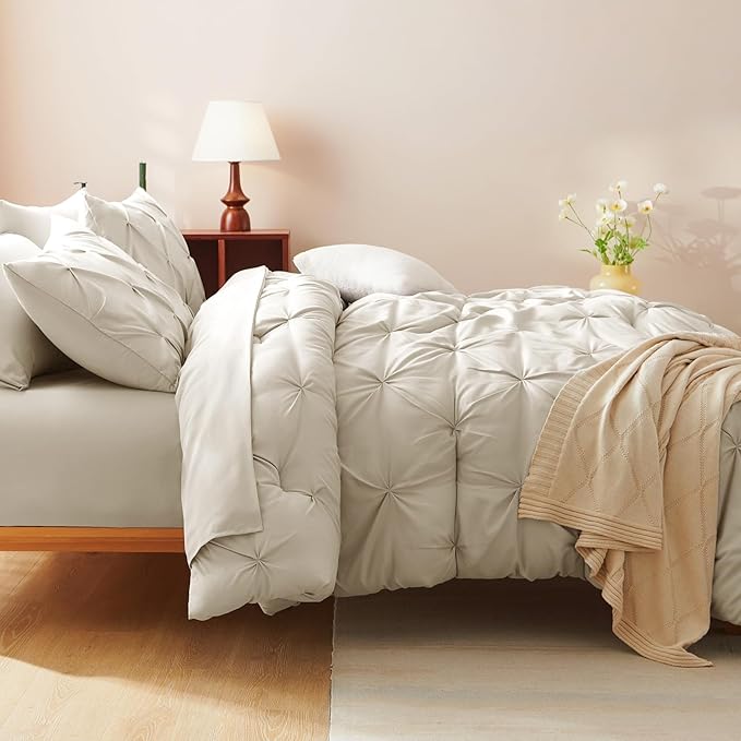 CozyLux California King Comforter Set Oatmeal - 7 Pieces Cal King Pintuck Bed in A Bag Gift for Family, Pinch Pleat Bedding Sets with All Season Comforter, Sheets, Pillowcases & Shams