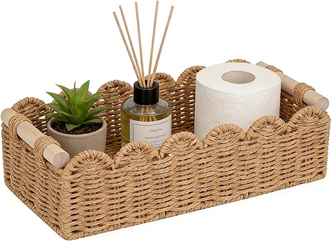 Upgraded Paper Rope Scalloped Edge Toilet Paper Storage Basket, Small Living Room, Bedroom Decor Baskets for Over Toilet Storage Shelf, End Table, Shelves and More, with 2 Wooden Handle (Neutral) by Unknown