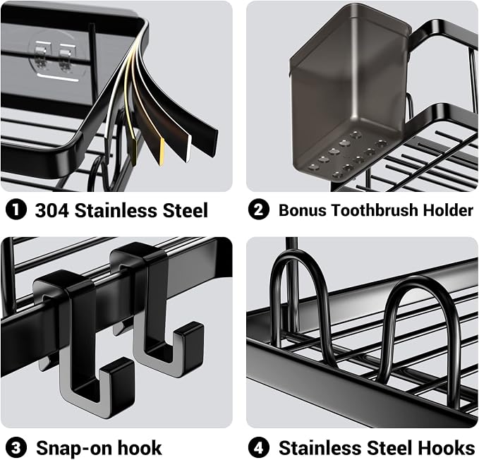AKTECKE Corner Shower Caddy, 2 Pack Adhesive Shower Corner Organizer Shelves, No Drilling Stainless Steel Shower Storage Rack with Hooks&Toothpaste Holder for Bathroom Kitchen （for 90° Corners Only） - Image 4