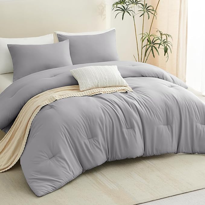 CozyLux Full Size Comforter Set Grey, 3 Pieces Solid Breathable Quilted Bedding Sets, Gray Luxury Lightweight Soft Bed Set with Down Alternative Comforter and 2 Pillowcases for All Seasons