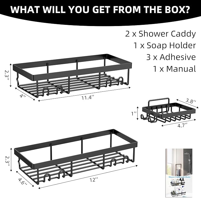 Moforoco 3-Pack Shower Caddy Basket Shelf with Soap Holder, No Drilling Traceless Adhesive Shower Wall Shelves, Rustproof Black Bathroom Shower Storage Organizer - Image 10