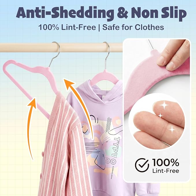 HOUSE DAY 14 Inch Kids Velvet Hangers 50 Pack, Durable Big Kids Hangers, Non Slip Kid Felt Hanger for Youth, Cute Childrens Hanger for Closet, Pink - Image 4