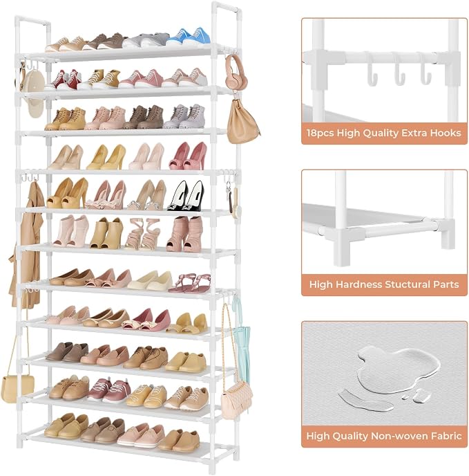 LANTEFUL 11 Tiers Tall Shoe Rack Holds 55 Pairs of Shoes with 18pcs Hooks Sturdy Wide Shoe Organizer Storage Free Standing Metal Shoe Shelf for Closet, Entryway White - Image 4