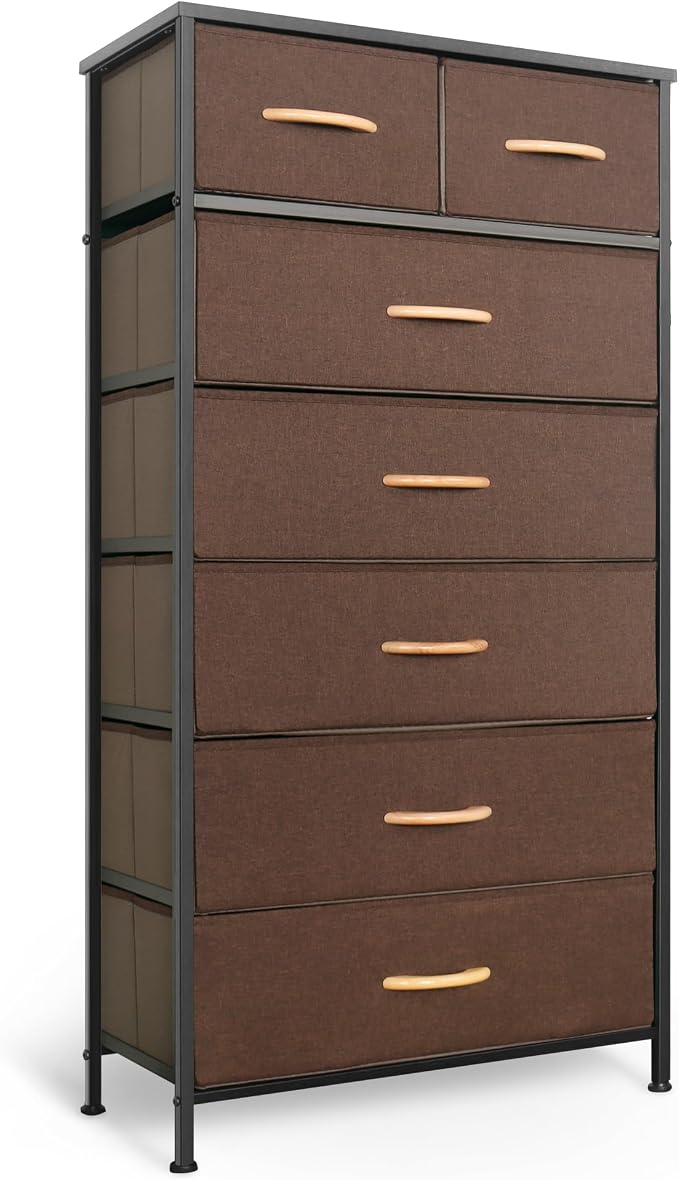Mifuro Tall Dresser for Bedroom, Vertical Storage Organizer Tower with 7 Drawers, Chest of Drawers with Fabric Bins, Steel Frame, Wood Top for Bedroom, Closet, Entryway- Brown by MifuroOfficeProduct
