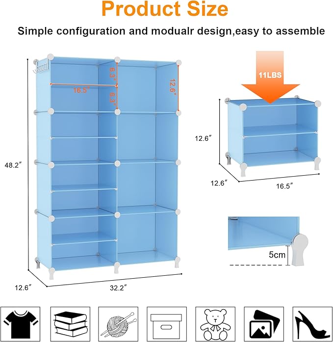 AWTATOS Closet Organizer 8 Cube Storage Shelves Closet Storage Clothes Organizers Stackable Cubby Shelving for Closet Bedroom Living Room Blue - Image 3