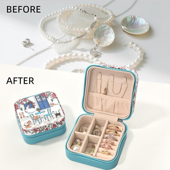 shunmei Mini Travel Jewelry Box,PU Leather Portable Jewelry Organizer Case,Art Accessories Storage Holder Boxes for Earring, Necklace, Rings, Bracelets (Six Cats) - Image 7