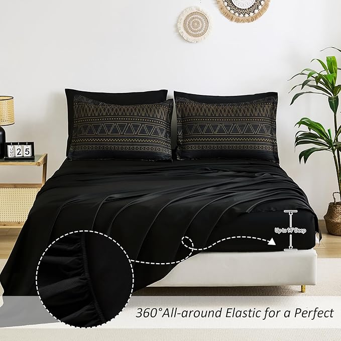WONGS BEDDING Queen Comforter Set 7 Pieces, Boho Black Gold Geometric Striped Comforter for Queen Bed in a Bag, Soft Microfiber Bedding Set with Pillowcases, Flat Sheet, Fitted Sheet, Pillow Shams