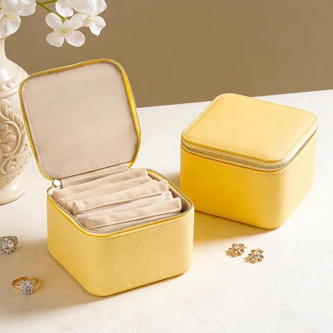 Travel Jewelry Organizer, Travel Jewelry Box with 6 Velvet Zipped Pouches Bags for Jewelries Necklaces Rings Earrings Sorting Storage for Women Girl Gifts, Butter Yellow - Image 2