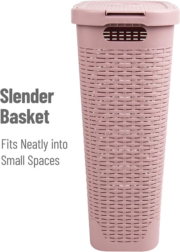 Mind Reader Slim Laundry Hamper with Lid, 40L Clothes Basket, Narrow Tapered Design with Ventilated Cutout Pattern, Plastic, Pink - Image 7