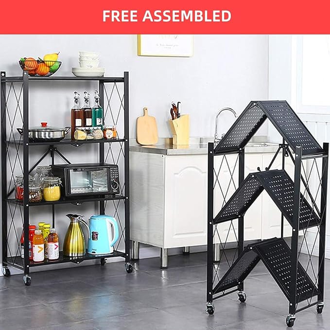 Kitchen Garage Metal Shelves, Storage Shelves Organizer, Foldable Metal Shelving, Closet Shelving Unit, 28" W x 14" D x 50" H Bakers Rack Microwave Stand, Plant Stand with Wheels (4-Tier Shelf) - Image 4