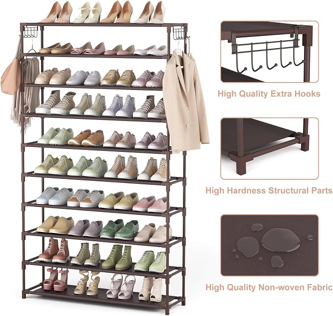 LANTEFUL 10 Tiers Shoe Rack 50 Pairs Large Capacity Tall Shoe Organizer Sturdy Shoe Storage with Two Hooks Space Saving Metal Wide Shoe Rack for Closet, Entryway, Bedroom, Brown - Image 4