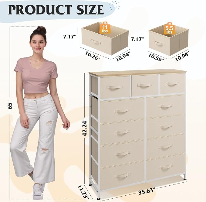 WLIVE Storage Organizer Unit with 11 Fabric Bins, Storage Drawers Organizer with Steel Frame, Tall Storage Tower Organizaton for Living Room, Hallway, Office, Cream White - Image 3